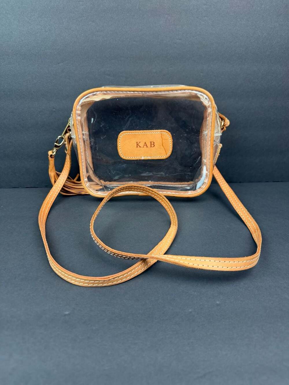 Jon Hart Design Clear Lola Crossbody Bag with Monogrammed Leather Patch